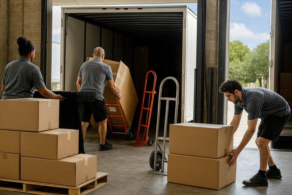 Warehouse crew receiving palletized freight inside Florida's 3PL in Bonita Springs